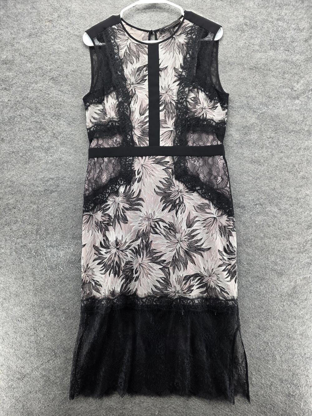 BCBGMAXAZRIA Dress Womens 10 Black Nude Lace Floral Sheath Midi Cocktail Party